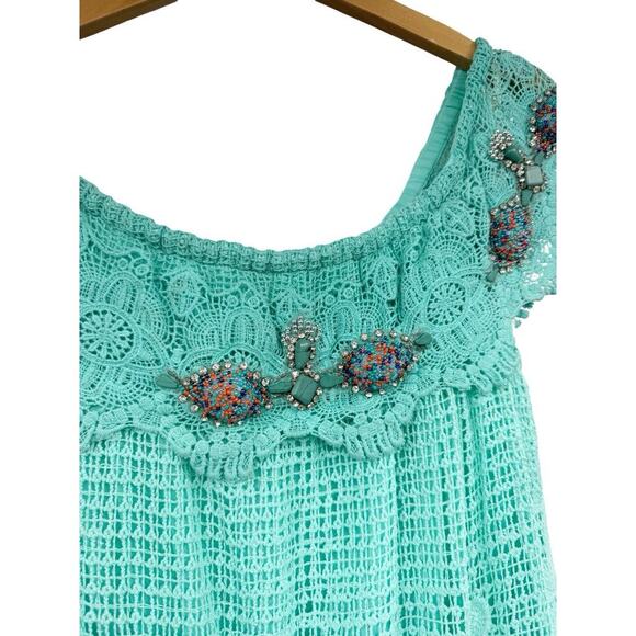 Boston Proper Rhinestone Off The Shoulder High Low Crochet Lace Dress Coastal M - Picture 7 of 13